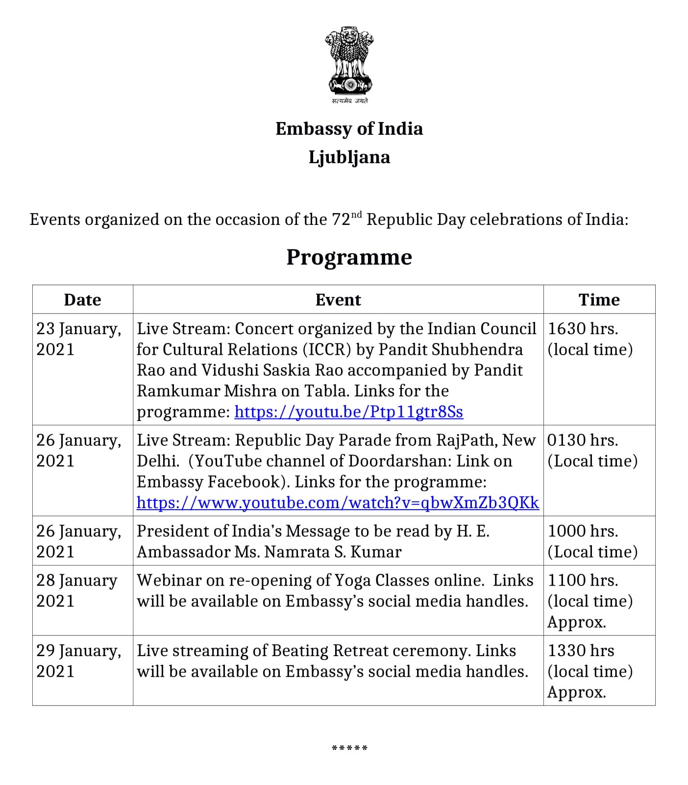 Online celebrations of 72nd Republic Day of India